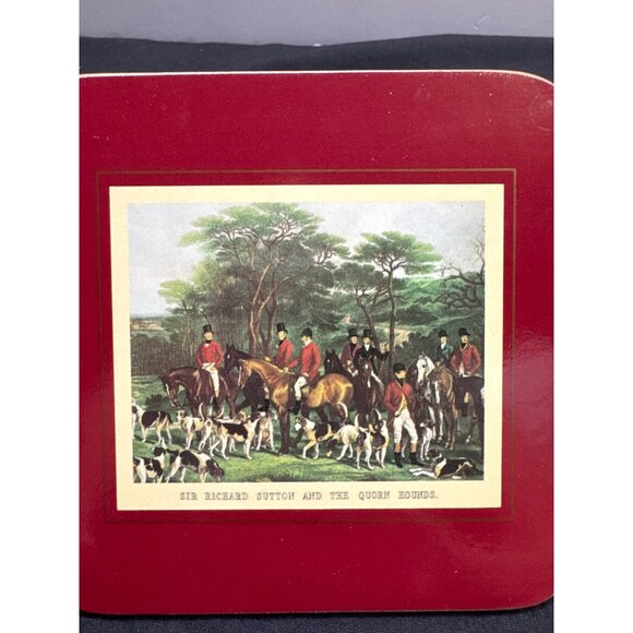 Set Of 5 Clover Leaf Fox Hunting Square Cork Base Coasters Vintage Style - Picture 8 of 11